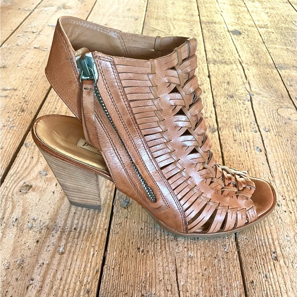 Paul Green Miranda Tan Leather Woven Peep Toe Booties Block Heel US 8 UK 5.5 - Picture 9 of 12